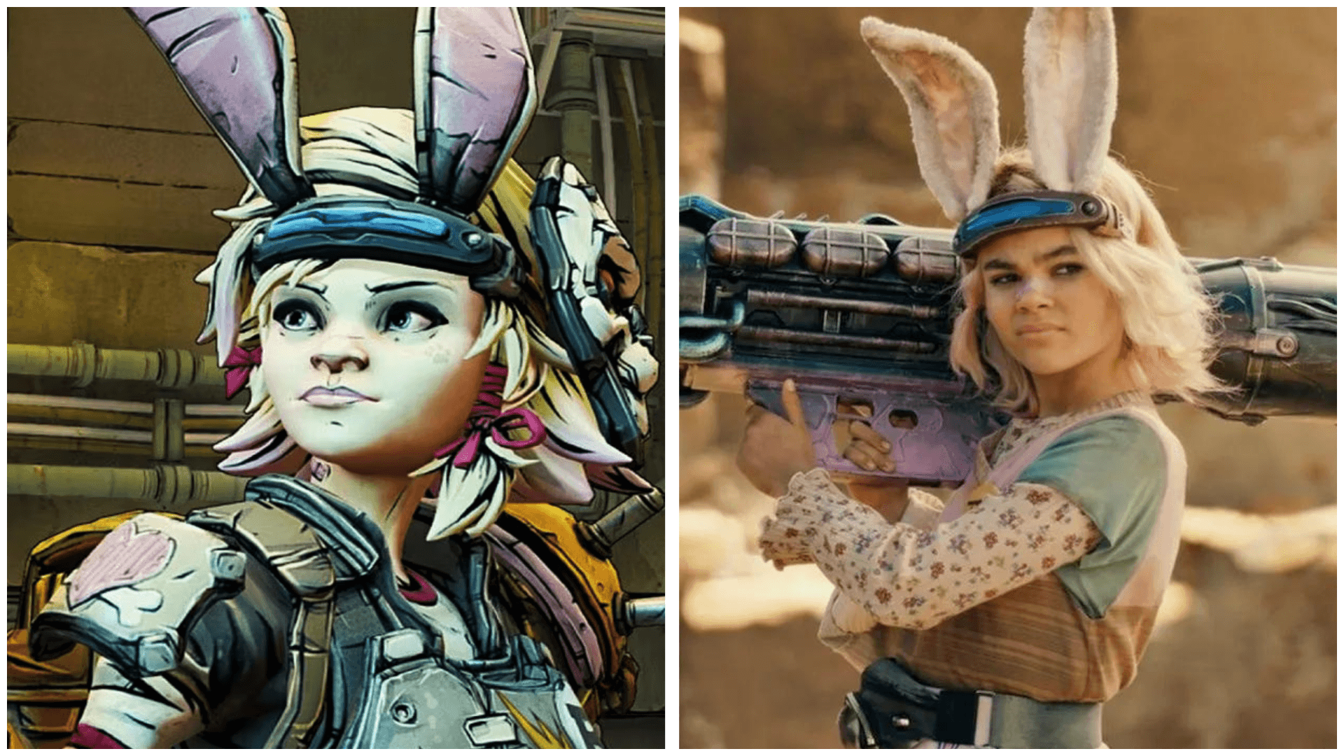 Side-by-side of Tiny Tina in the game and Ariana Greenblatt as Tiny Tina